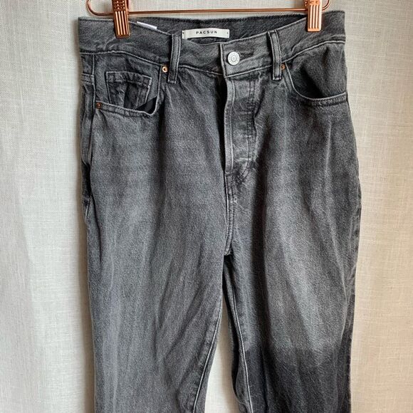 PacSun Black High Rise Jeans 25 Button Fly Straight Leg Raw Hem Grunge Y2K Denim - Picture 3 of 16